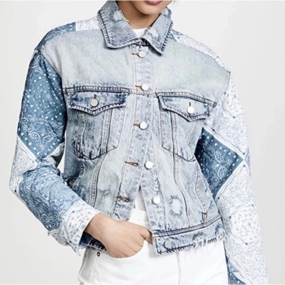 BlankNYC Anthropology Ladies Distressed Denim Blue Jean Jacket Size XS Patchwork